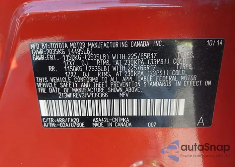 2015 Toyota Rav4 Xle из США, поврежденный, VIN 2T3WFREV3FW139366